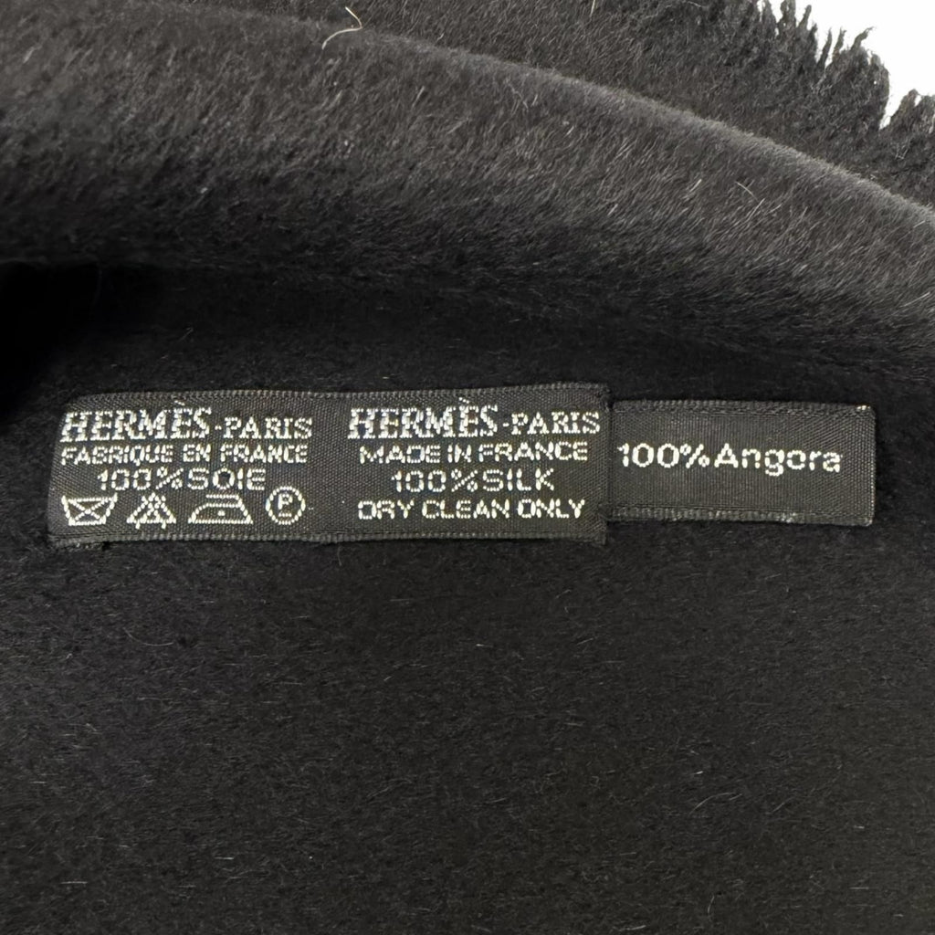 Hermes Silk Angora All Over Pattern Fringe Shawl Scarf Black Gray Recommended — view 7