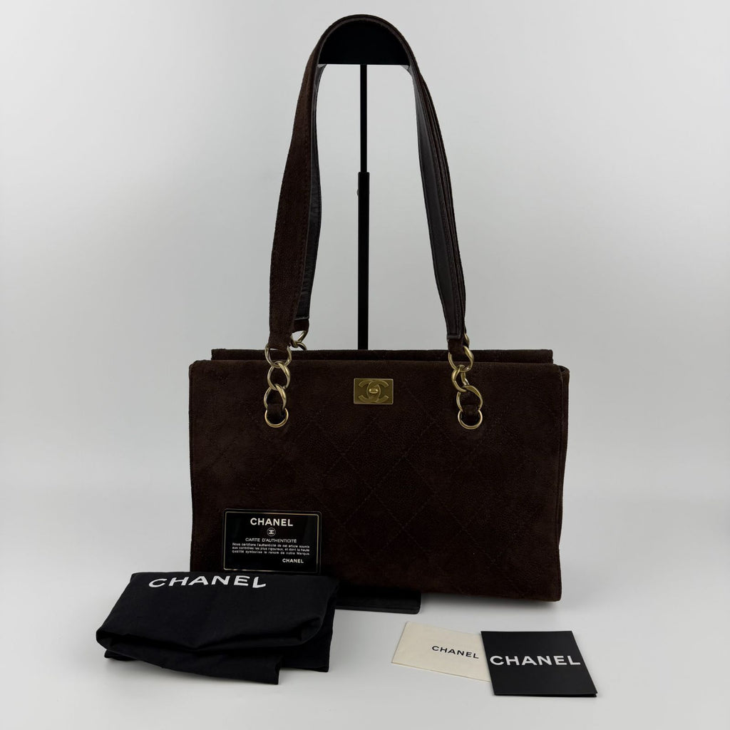 Chanel CC Logo Quilted Shoulder Bag Brown Suede Vintage