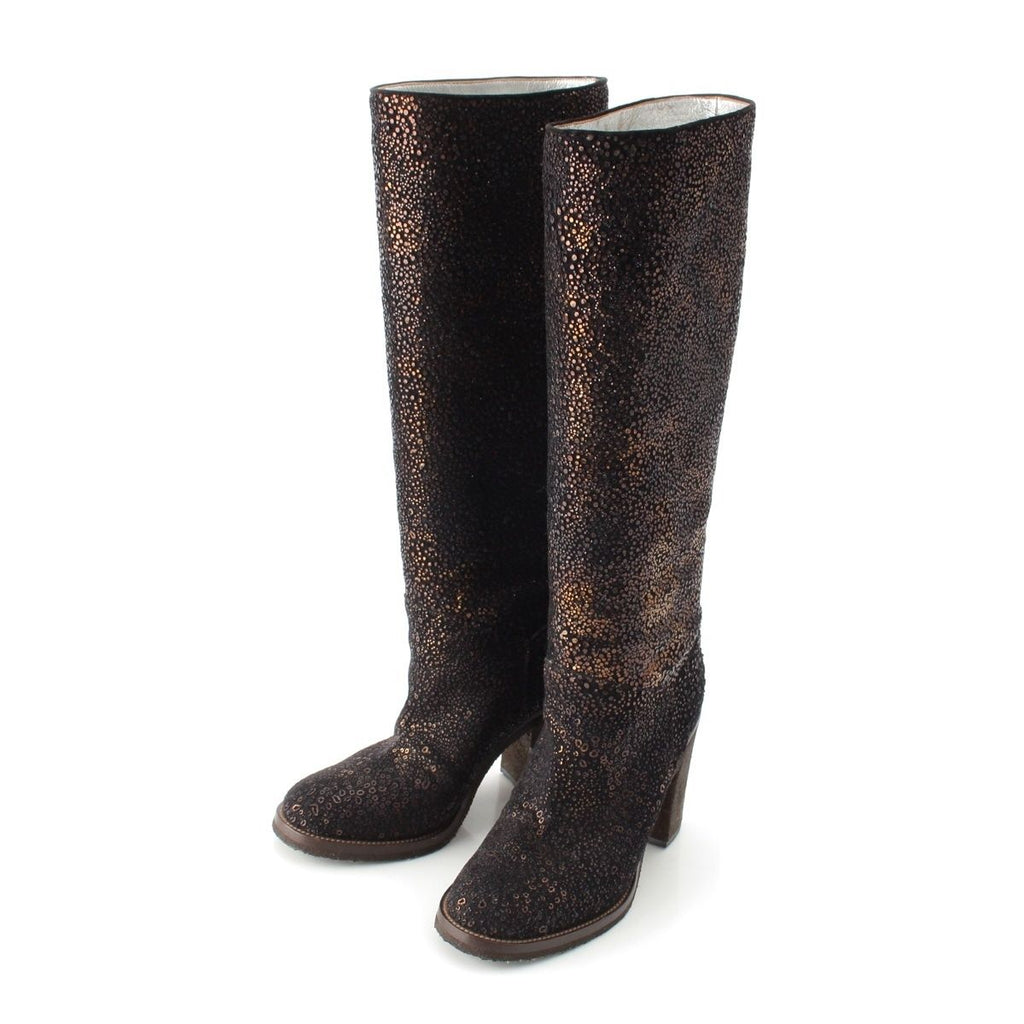 Chanel Leather Metallic Heels Long Boots Shoes Black Gold 36c