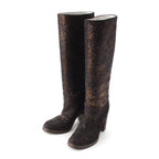 Chanel Leather Metallic Heels Long Boots Shoes Black Gold 36c