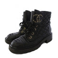 Chanel Short Boots CC Logo Quilted Lace Up Leather 38c Black