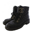 Chanel Short Boots CC Logo Quilted Lace Up Leather 38c Black