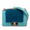 Chanel CC Logo Boy 20 Mini Chain Shoulder Bag Blue Green Shearling Leather