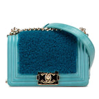 Chanel CC Logo Boy 20 Mini Chain Shoulder Bag Blue Green Shearling Leather