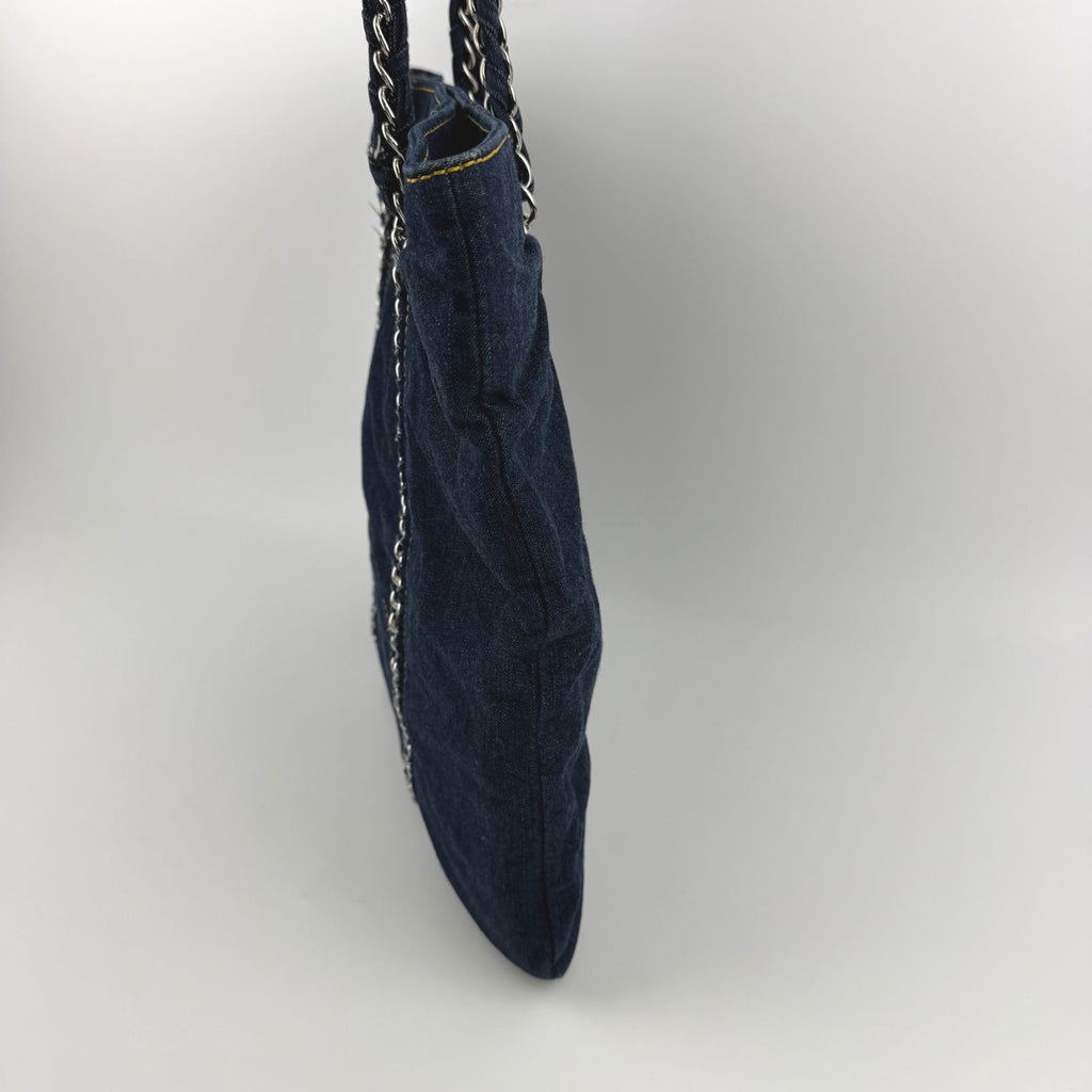Chanel CC Logo Quilted Tote Shoulder Blue Denim Vintage — view 3