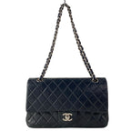 Chanel Shoulder Bag Double Flap Quilted Black Chain Silver Lambskin