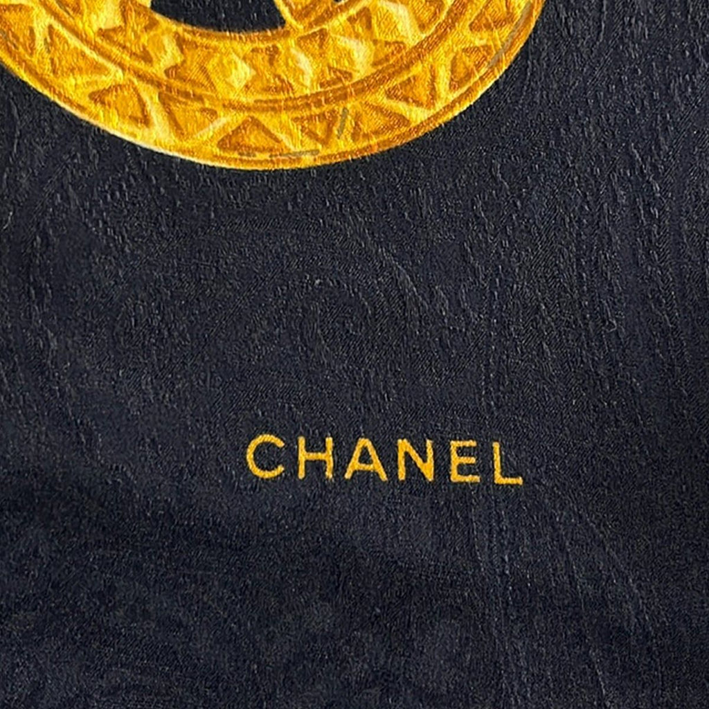 Chanel Scarf Black Gold CC Logo Chain Pattern Silk — view 2