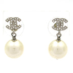 Chanel Earrings Silver White Pearl CC Logo