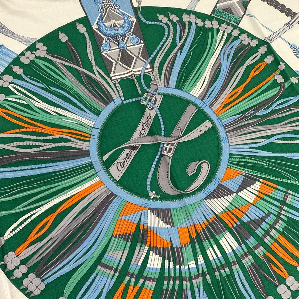 Hermes Shawl Carre Geant 140 Ivory Blue Multi Ceintures Et Liens Cashmere Silk — view 5