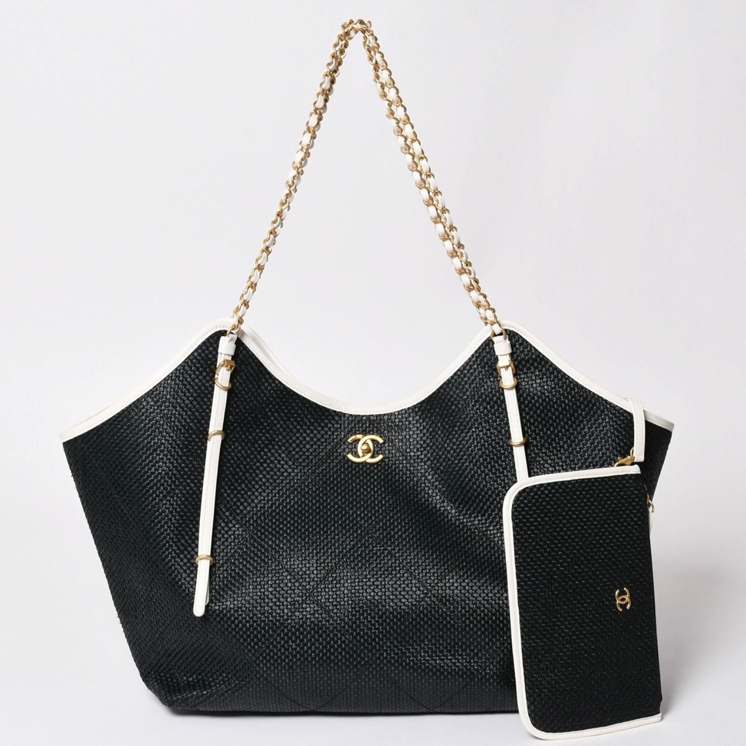 Chanel Maxi Shopping Bag Braided Raffia Effect Canvas CC Logo Gold Base