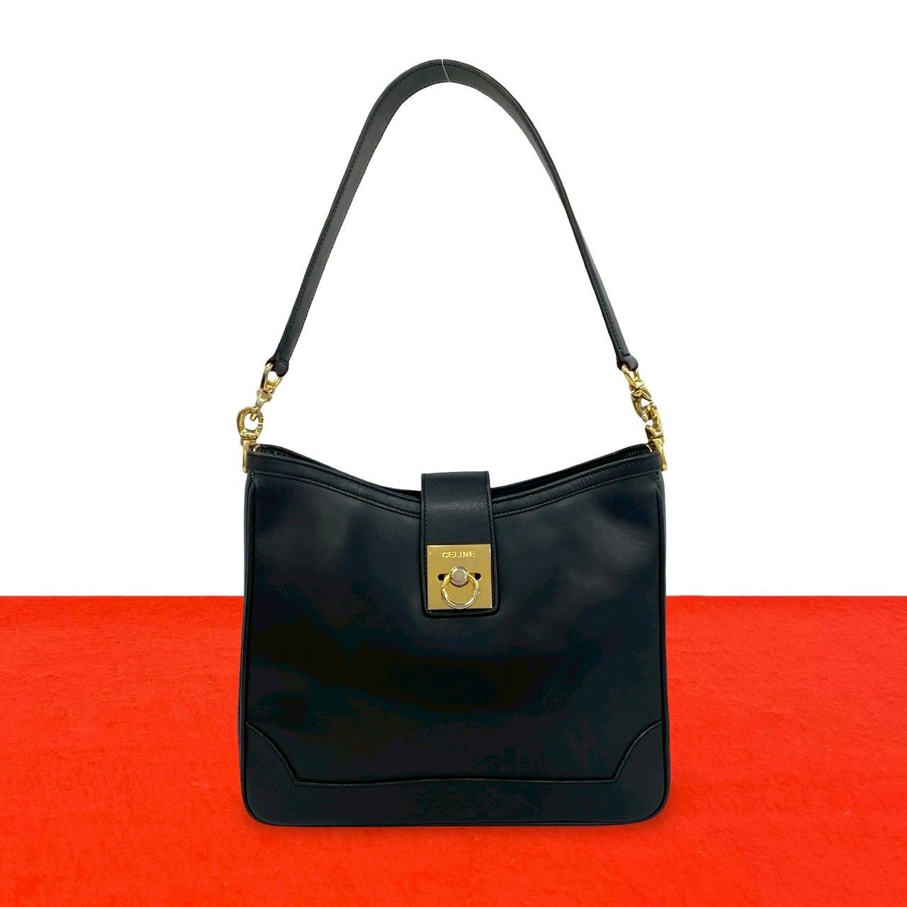 Celine Vintage Ring Logo Calf Leather Shoulder Bag Tote Black