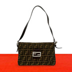 Fendi Vuitton Mamma Bucket Zucca FF Logo Canvas Leather Shoulder Bag Brown