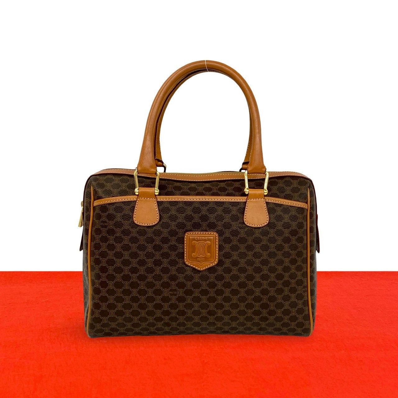 Celine Vintage Macadam Blason Pattern Logo Leather Boston Bag Brown