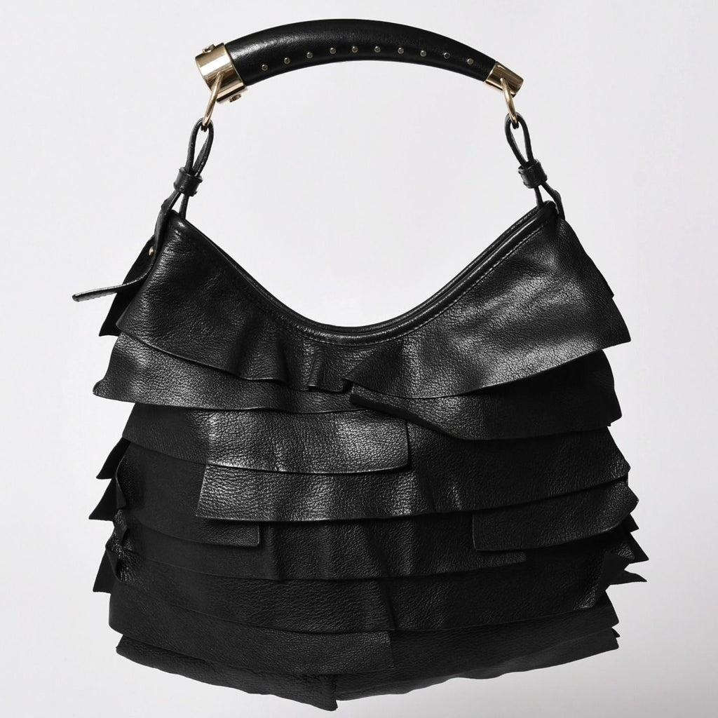 Saint Laurent Tropez Bag Black Ruffle Leather Logo Shoulder Gold