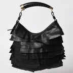 Saint Laurent Tropez Bag Black Ruffle Leather Logo Shoulder Gold