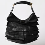 Saint Laurent Tropez Bag Black Ruffle Leather Logo Shoulder Gold — view 2