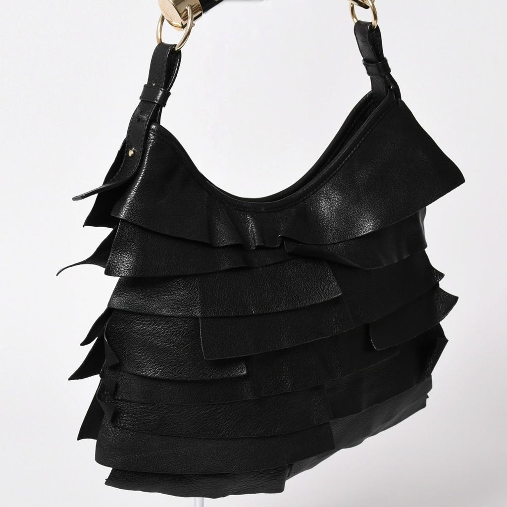 Saint Laurent Tropez Bag Black Ruffle Leather Logo Shoulder Gold — view 3