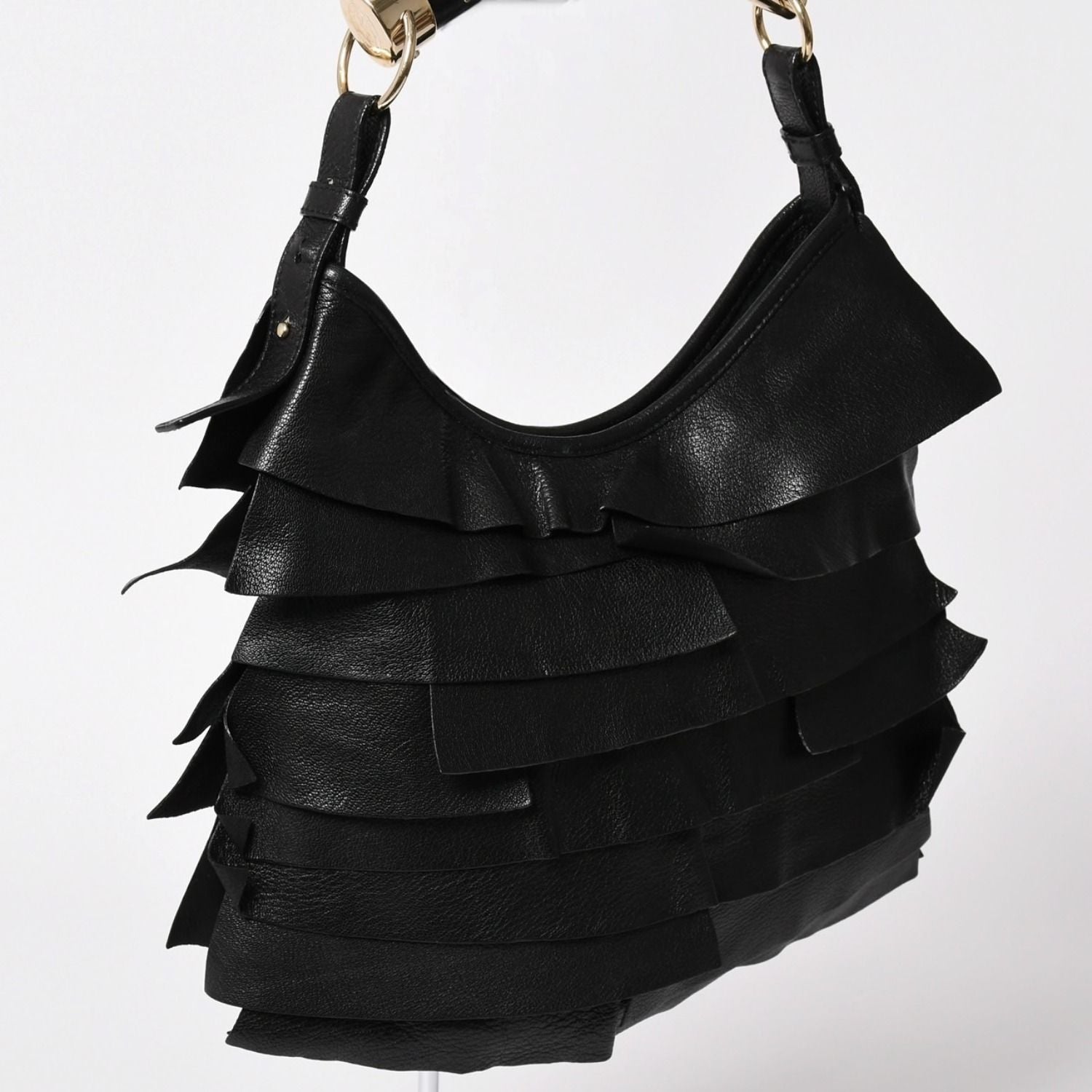 Saint Laurent Tropez Bag Black Ruffle Leather Logo Shoulder Gold — view 3