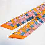 Hermes Twilly Bolduc Check Silk 100% Orange Scarf — view 6