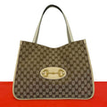Gucci GG Logo Horsebit Canvas Leather Tote Shoulder Bag Beige
