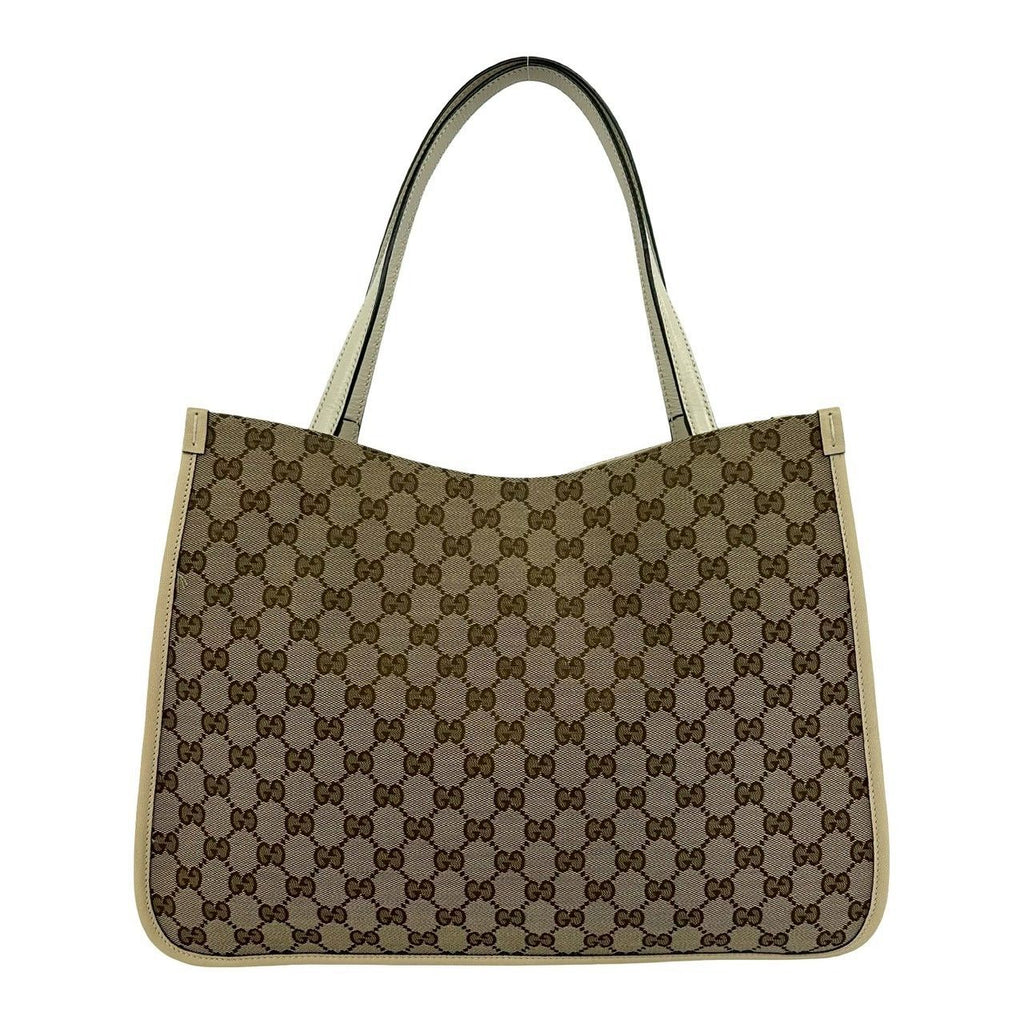 Gucci GG Logo Horsebit Canvas Leather Tote Shoulder Bag Beige — view 3