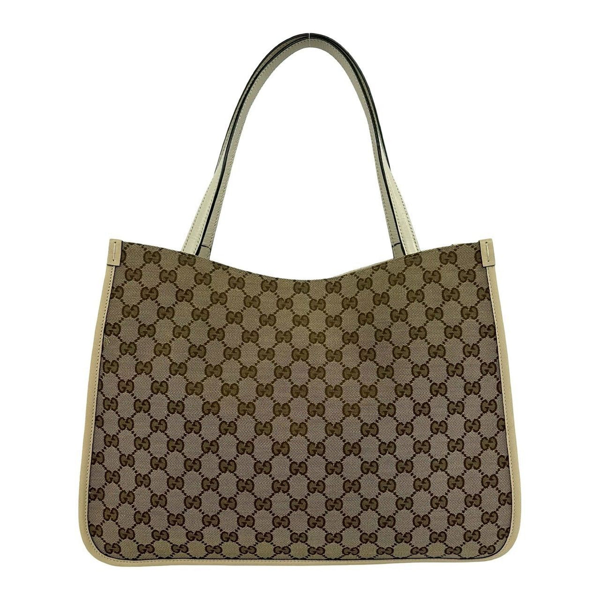 Gucci GG Logo Horsebit Canvas Leather Tote Shoulder Bag Beige — view 3