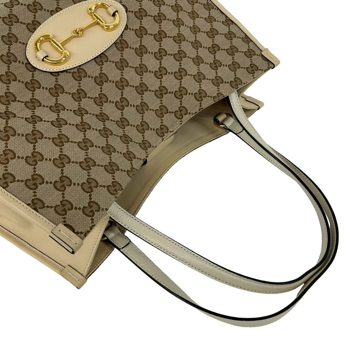 Gucci GG Logo Horsebit Canvas Leather Tote Shoulder Bag Beige — view 4