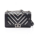 Chanel Shoulder Bag Stitch Black Silver Lambskin Chain