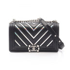 Chanel Shoulder Bag Stitch Black Silver Lambskin Chain