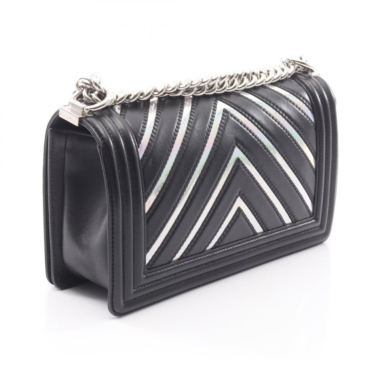 Chanel Shoulder Bag Stitch Black Silver Lambskin Chain — view 2