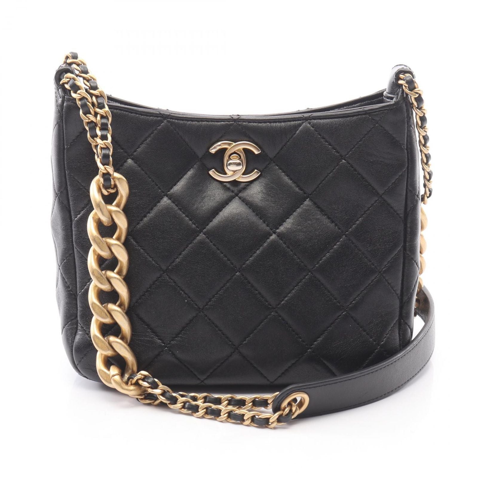 Chanel Shoulder Bag Quilted Small Hobo Black Lambskin Chain