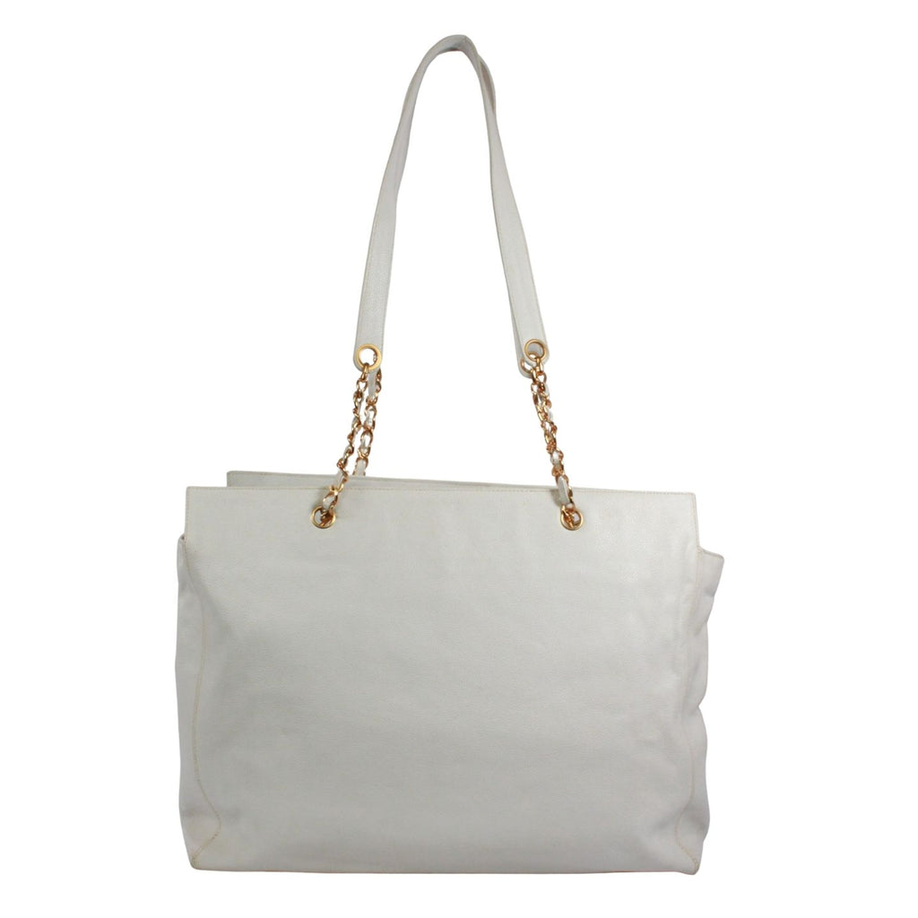 Chanel CC Logo Caviar Leather White Tote Gold — view 3