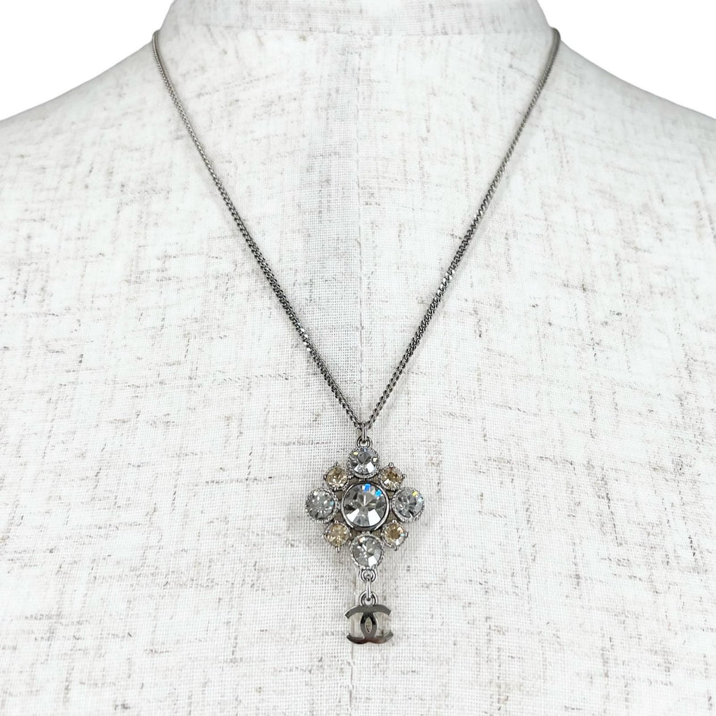 Chanel CC Logo Metal Rhinestone Silver Necklace — view 3