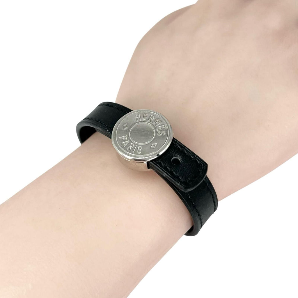 Hermes Series Looping Leather Black White Bracelet Silver — view 6