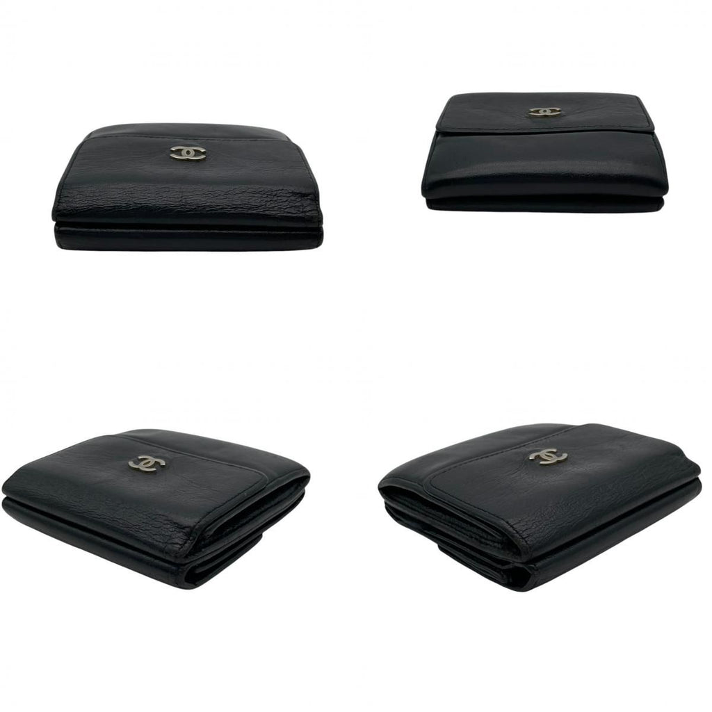 Chanel CC Logo Hook Bifold Wallet Leather Black Gold Flap Compact Folding Coin — view 6