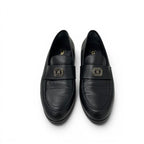 Chanel Loafers Leather Shoes Black Gold CC Logo Flat — view 2
