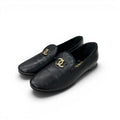 Chanel Flat Shoes Leather Black Gold CC Logo Rhinestone Pearl