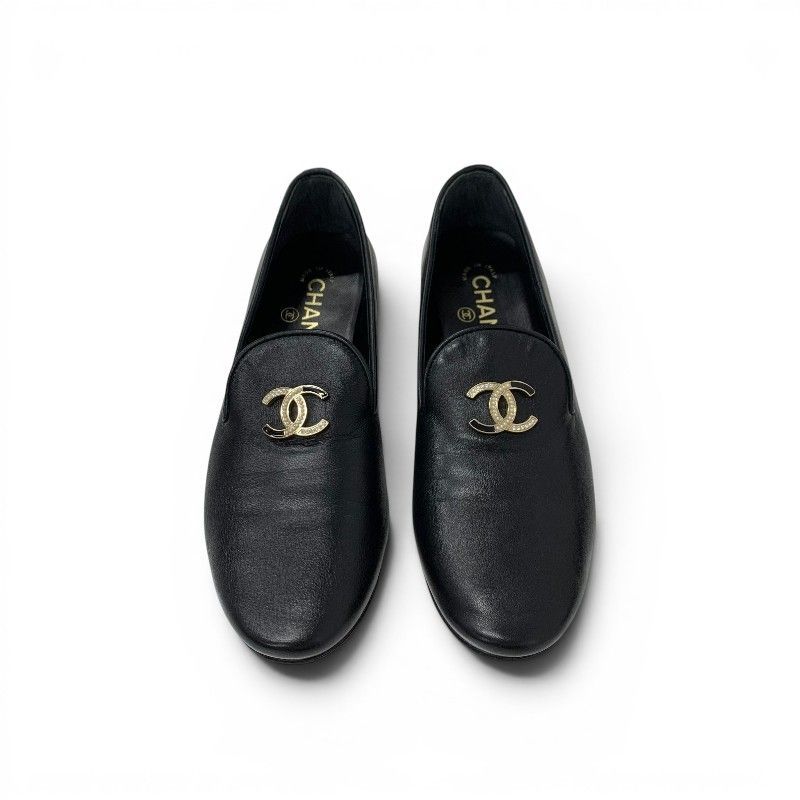 Chanel Flat Shoes Leather Black Gold CC Logo Rhinestone Pearl — view 2