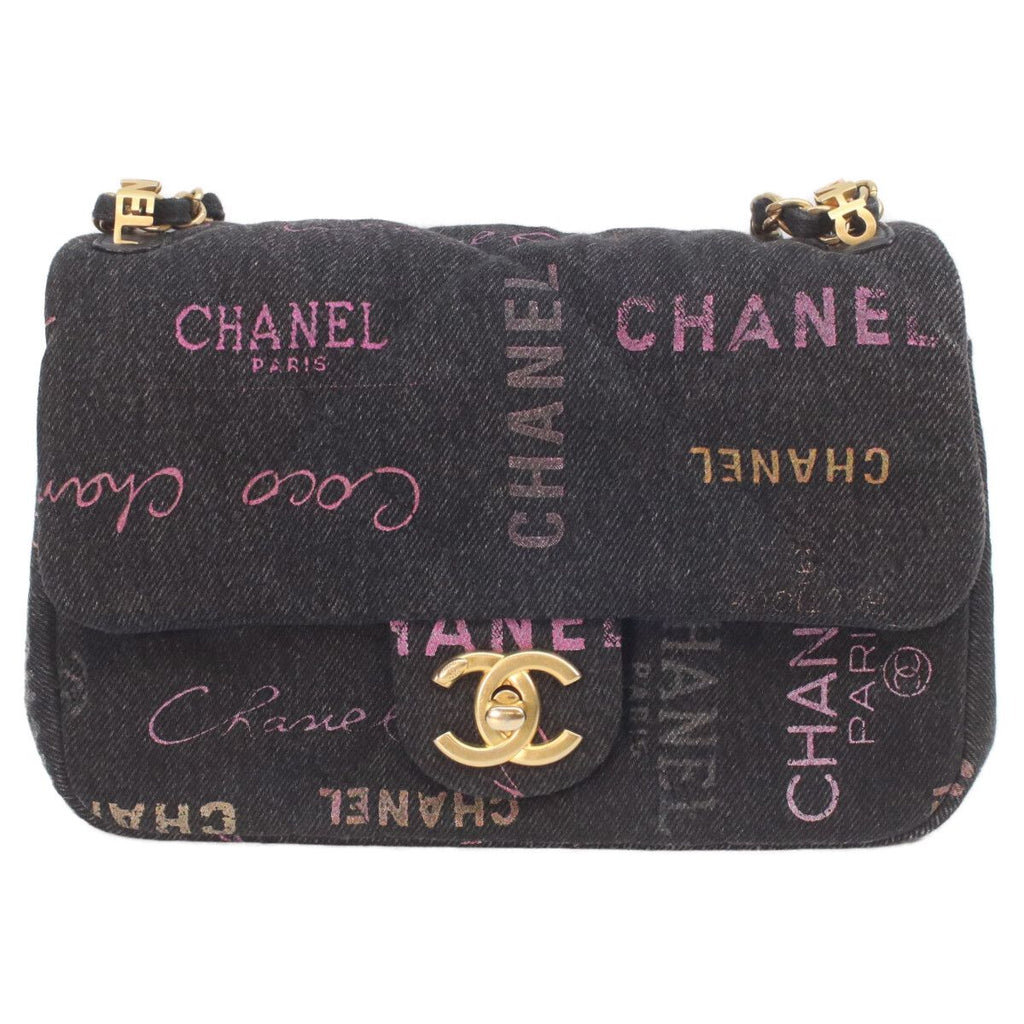 Chanel Black Print Denim Gold Mini Quilted 21 Chain Shoulder