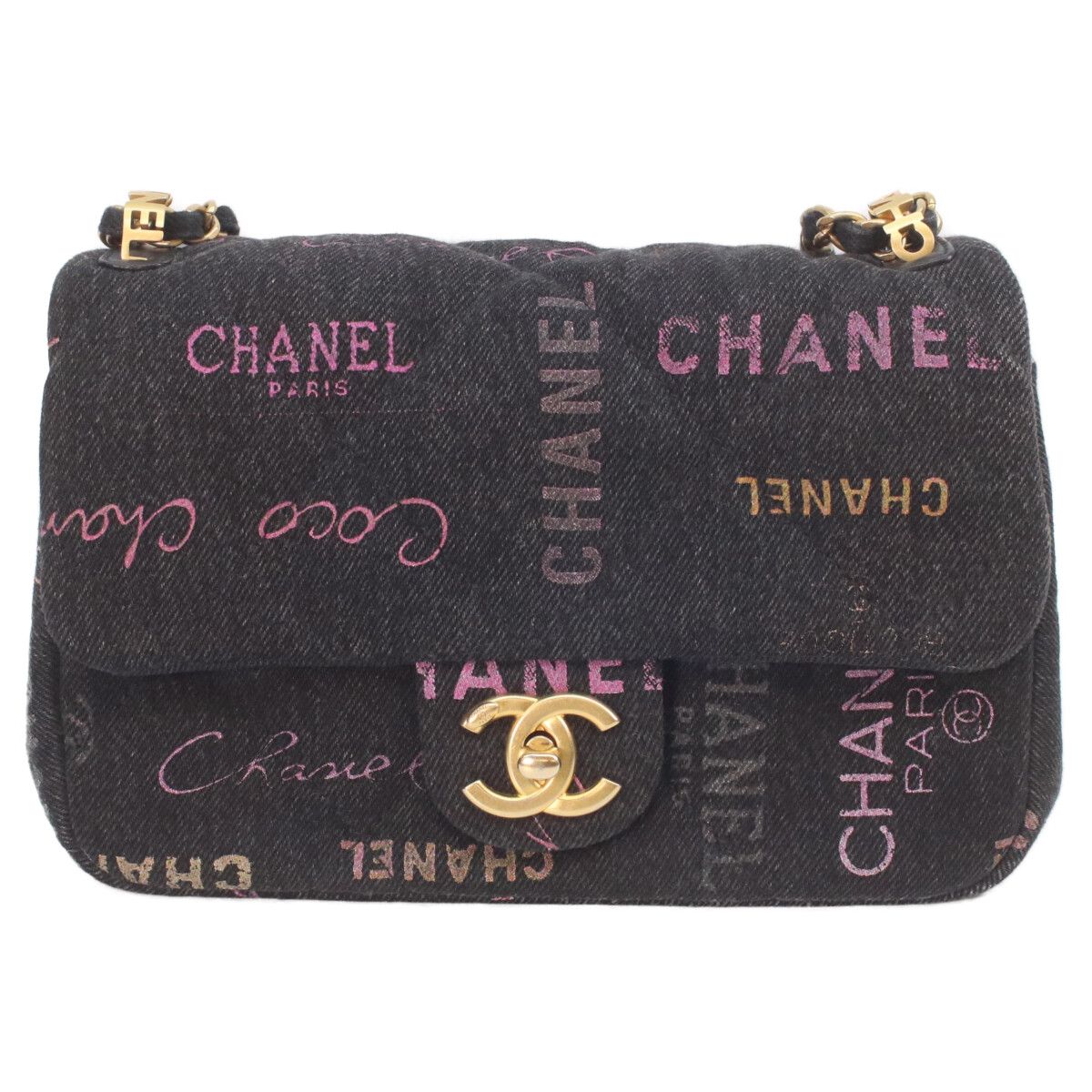 Chanel Black Print Denim Gold Mini Quilted 21 Chain Shoulder
