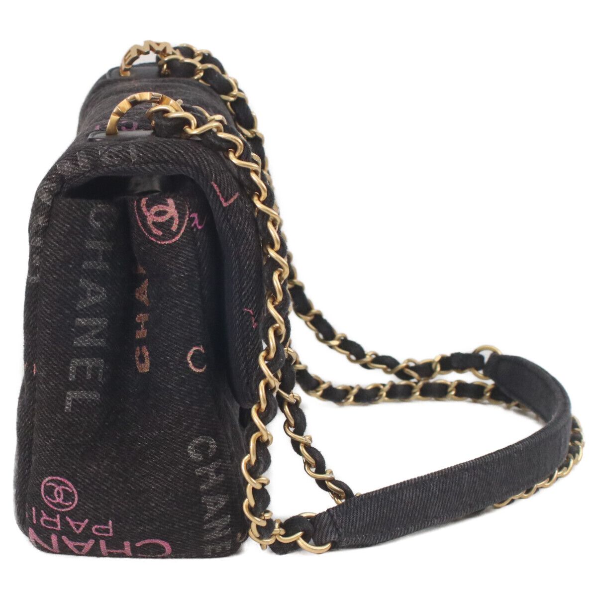 Chanel Black Print Denim Gold Mini Quilted 21 Chain Shoulder — view 3