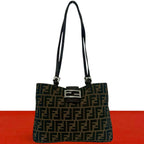 Fendi Zucca FF Pattern Logo Canvas Leather Tote Shoulder Bag Brown