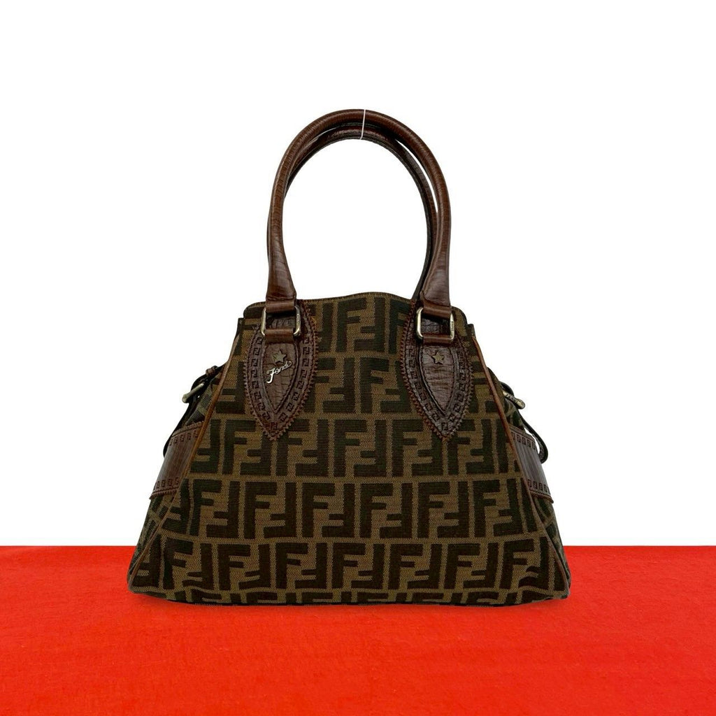 Fendi Zucca FF Pattern Logo Canvas Leather Handbag Mini Tote Brown