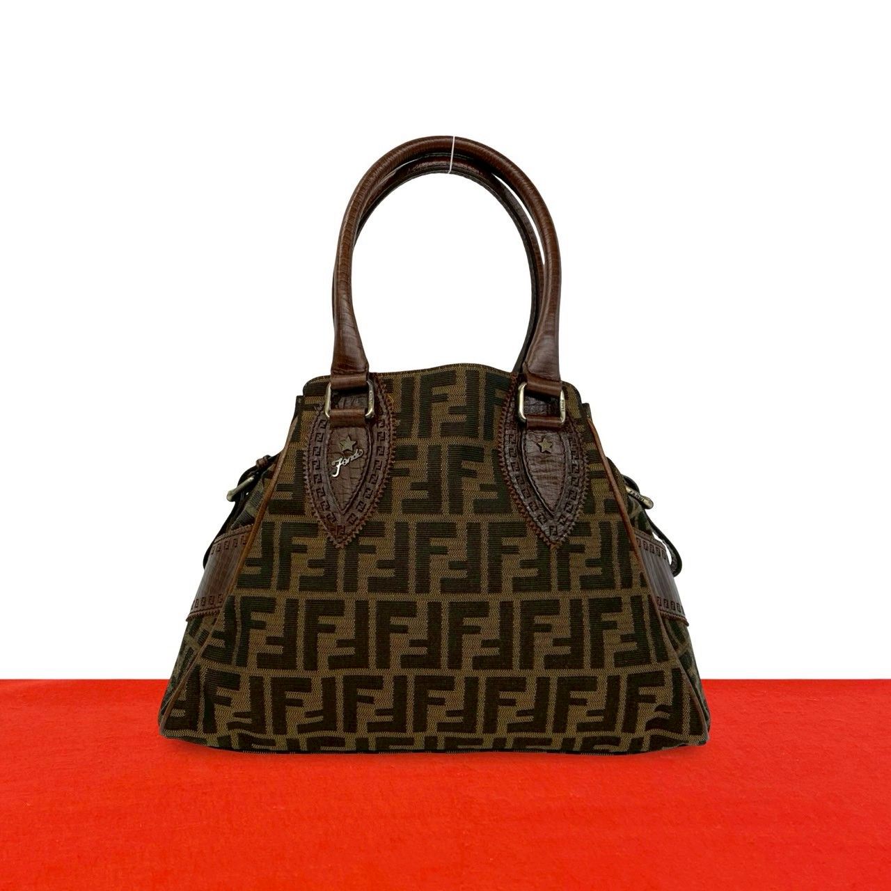 Fendi Zucca FF Pattern Logo Canvas Leather Handbag Mini Tote Brown