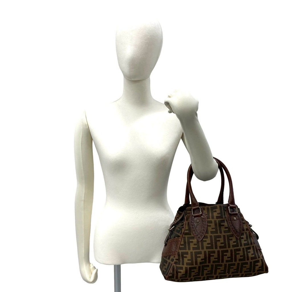 Fendi Zucca FF Pattern Logo Canvas Leather Handbag Mini Tote Brown — view 2