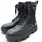 Prada Leather Nylon Triangle Logo Plate Combat Boots Ankle Black 6