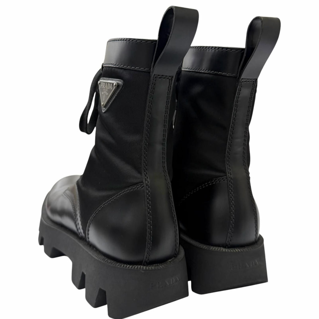 Prada Leather Nylon Triangle Logo Plate Combat Boots Ankle Black 6 — view 5
