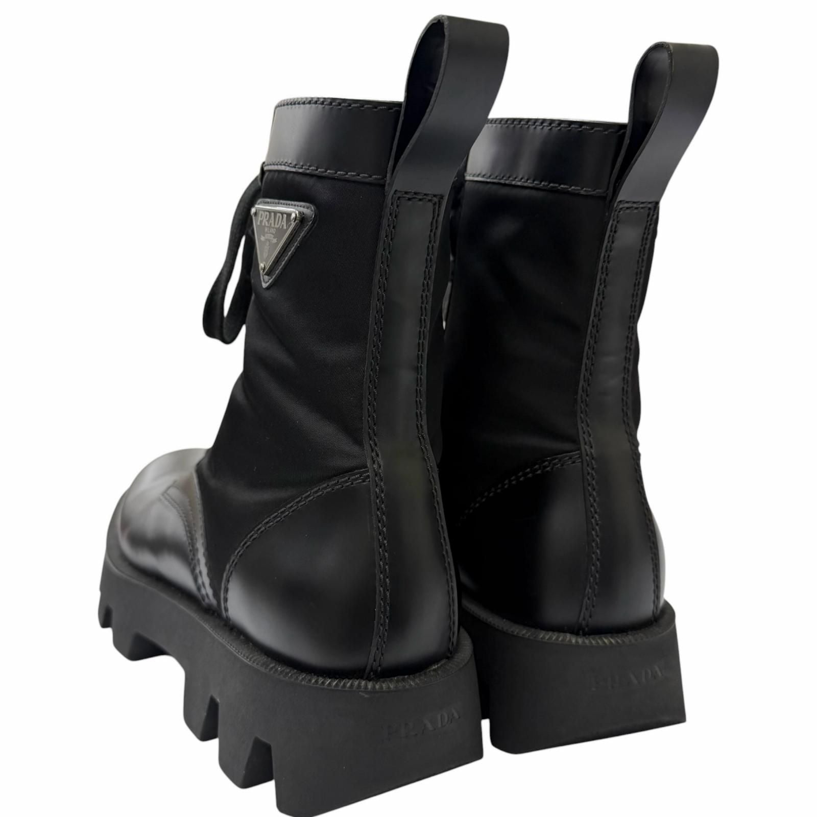 Prada Leather Nylon Triangle Logo Plate Combat Boots Ankle Black 6 — view 5