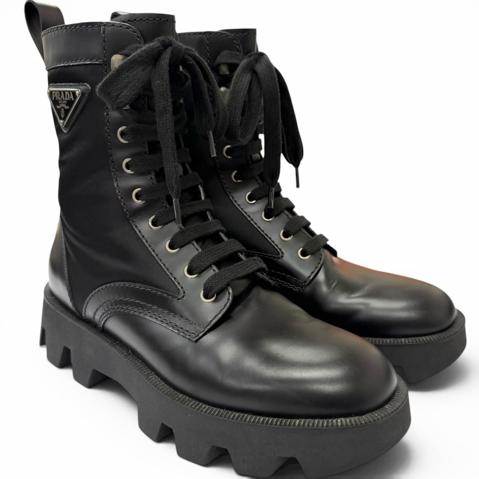 Prada Leather Nylon Triangle Logo Plate Combat Boots Ankle Black 6 — view 2
