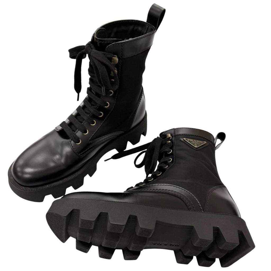 Prada Leather Nylon Triangle Logo Plate Combat Boots Ankle Black 6 — view 3